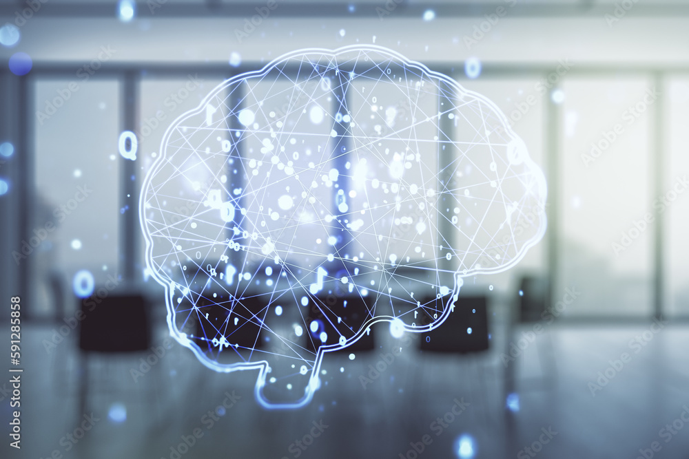 Aufkleber double exposure of creative artificial intelligence interface on a modern meeting room background. n
