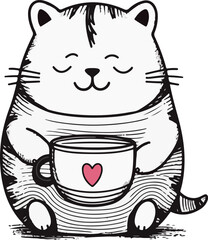 Fat cat holding coffee cup with heart in paws. Linear vector black and white illustration