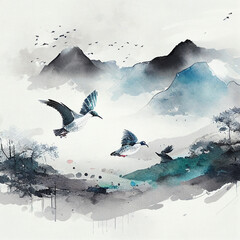 illustration of birds flying high over a countryside Generative AI