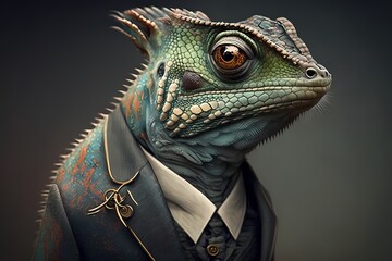 Fototapeta premium Portrait of a Chameleon dressed in a suit - Generative AI
