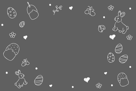 Vector. Cute hand drawn Easter horizontal background with bunnies, easter eggs. Festive background with Easter linear symbols. Copy space for text. Design cards, banners and other promotional items.