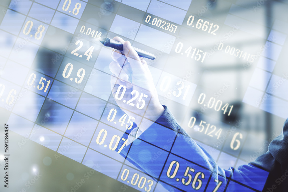Poster man hand with pen working with abstract virtual analytics data spreadsheet on blurred office backgro