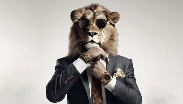 Elegant excecutive with  head of a lion, wearing sunglasses, wearing a suit, staring at camera, white background 