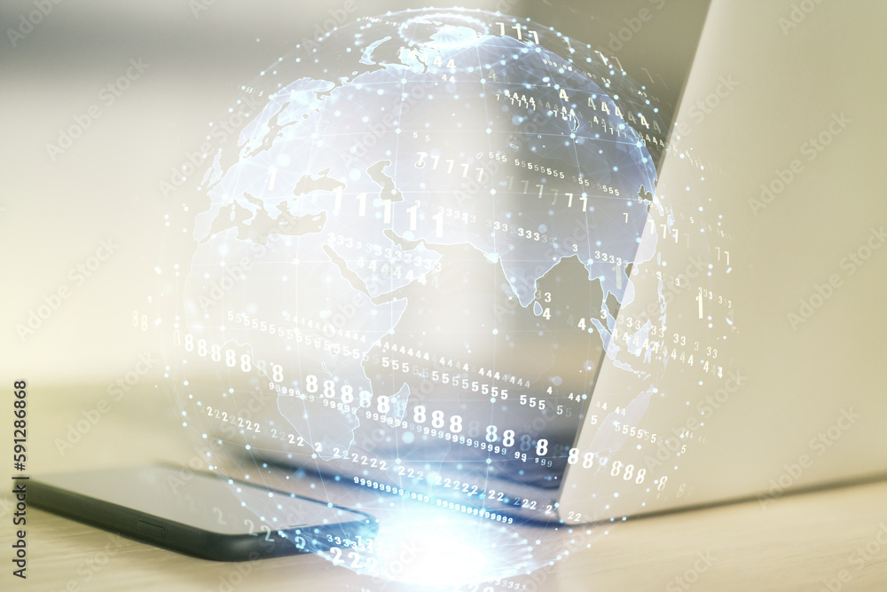 Poster multi exposure of abstract graphic coding sketch with world map on modern computer background, big d