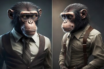 Portrait of a Monkey (Chimpanzee) dressed in a suit - Generative AI