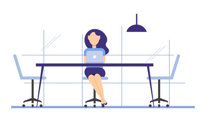 Person is sitting at the table with a laptop. Cute interior illustration in flat style. Work at home concept