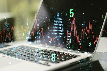 Multi exposure of abstract financial diagram on computer background, banking and accounting concept