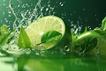 Fototapeta na wymiar Lime fruit slice, leaves and green juice splash. Ai. Mojito drink