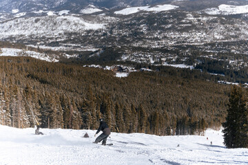 Snowboarder en Centro de ski, en las Montañas de Colorado, Bosque entre pistas de ski, Estados Unidos, Rocky mountains, deportes de invierno.