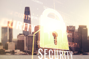 Virtual creative lock sketch with chip hologram on San Francisco office buildings background, protection of personal data concept. Multiexposure