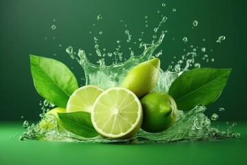 Lime fruit slice, leaves and green juice splash. Ai. Mojito drink