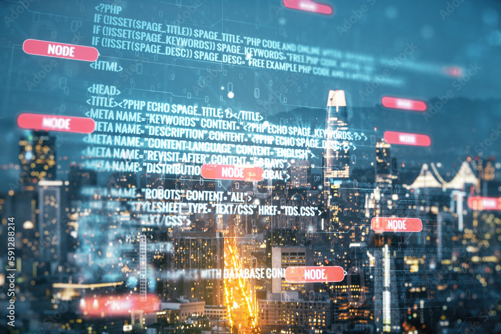 Poster abstract virtual coding concept on san francisco skyline background. multiexposure