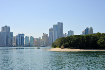 Fototapeta na wymiar Sharjah, UAE, February 14, 2023: Al Majaz waterfront, Khaled lake.