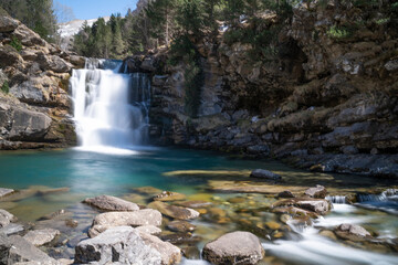 waterfall in the river in Ordesa National Park in the spanish Pyrenees (long exposure)