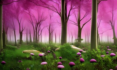  Illustration of a surreal forest with mushrooms