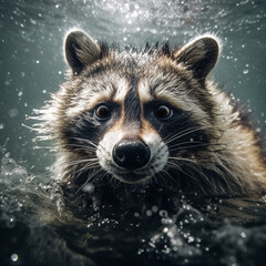 Portrait of a raccoon in the water