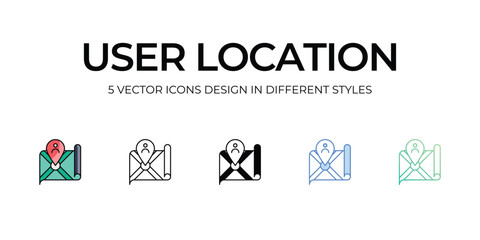 User Location Icon Design in Five style with Editable Stroke. Line, Solid, Flat Line, Duo Tone Color, and Color Gradient Line. Suitable for Web Page, Mobile App, UI, UX and GUI design.