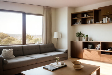 Fototapeta na wymiar Modern design of a living room with warm brown colors and wooden motives 
