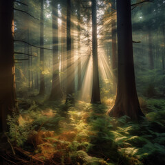 morning in the woods, shine, misty