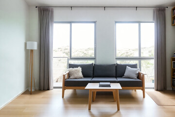 Naklejka na ściany i meble Minimalistic interior design of a living room, open space ideas 