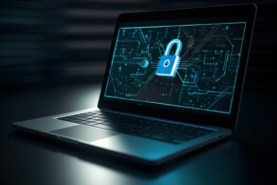 An ai generated Laptop with security logo padlock on the screen ::5 , photorealistic, 8k, HD, 3D Render, blue. Illustration: The laptop is depicted in a flat, minimalist style with clean li
