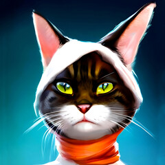 Ninja cat with headband and scarf, close-up animal illustration