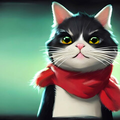Cat in a red scarf close-up, illustration style image