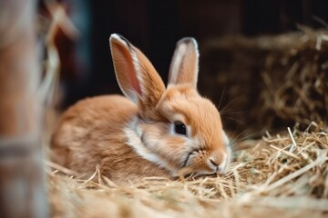 Fototapeta premium An adorable brown rabbit eats food and sits on dried grass in a rabbit farm. Household and ecology concept. generative AI