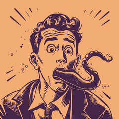 retro cartoon illustration of man with a kraken tentacle in his mouth