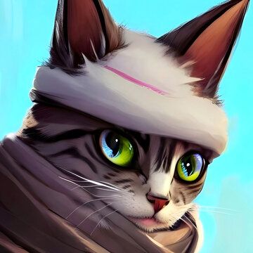 Ninja cat with a bandage and a scarf with a menacing fearless look, illustration of a mustachioed character close-up