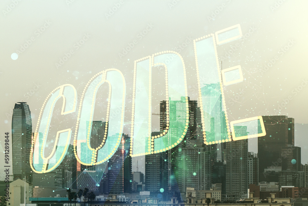 Poster code word hologram on los angeles skyscrapers background, artificial intelligence and neural network