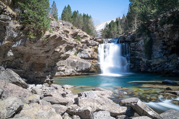 waterfall in the river in Ordesa National Park in the spanish Pyrenees (long exposure)