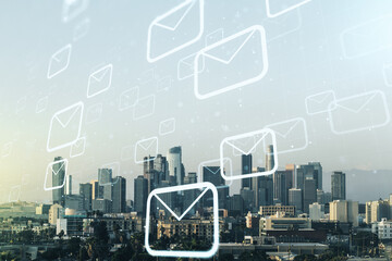 Abstract virtual postal envelopes illustration on Los Angeles skyline background. Email and communications concept. Multiexposure