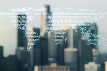 Multi exposure of abstract graphic world map on blurry skyscrapers background, big data and networking concept