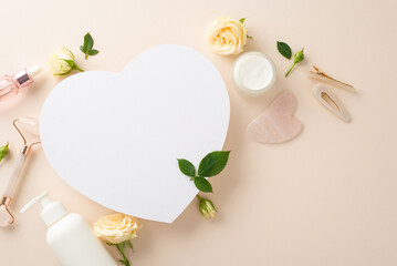 Highlight your skin care brand with this elegant top view flat lay, complete with cream bottles, a massage roller, and an empty heart on a pastel beige background