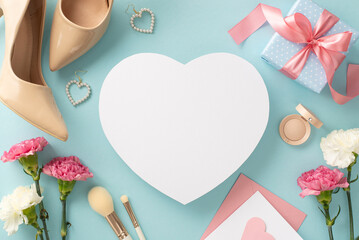 Celebrate Mother's Day with this stunning top view flat lay photo of high-heels, earrings, makeup brushes, and a gift box pretty carnation flowers on a pastel blue background with empty heart for text