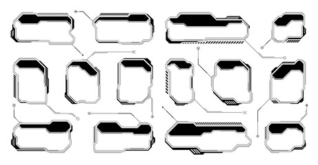 Obraz premium Black futuristic HUD or UI elements. Sci-fi user interface text boxes, callouts. Warning message frames, information boxes template. Modern game interface layout in digital style. Vector illustration