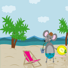 scene: a beach with palm trees, a mouse with a drink in a glass and a sun hat, a sun lounger nearby. Cartoon style, vector graphics