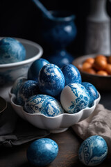 festive eggs painted for Easter in a basket on a wooden table.Easter holiday. Generative AI