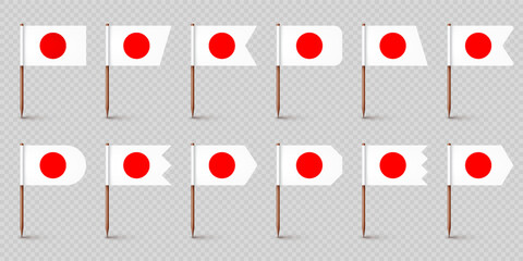 Realistic various Japanese toothpick flags. Souvenir from Japan. Wooden toothpicks with paper flag. Location mark, map pointer. Blank mockup for advertising and promotions. Vector illustration