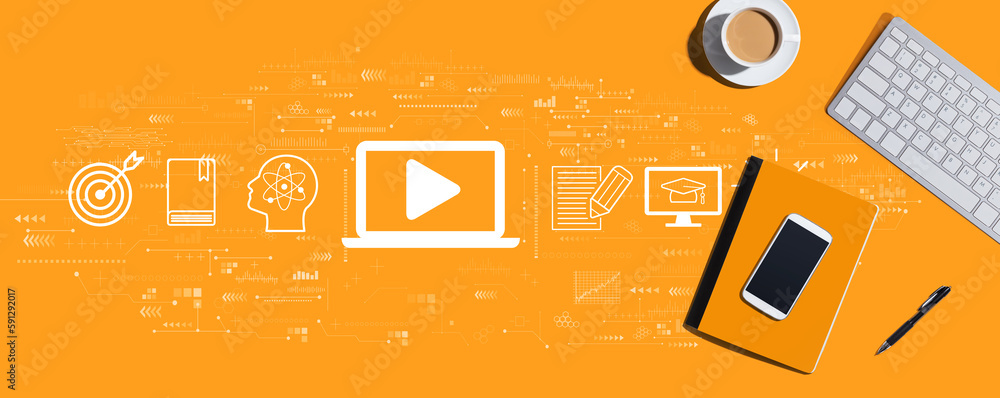 Aufkleber webinar concept with a computer keyboard and office items