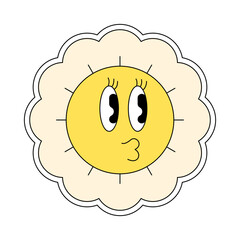 Hippie groovy chamomile smiley character good vibes. Retro daisy flower head mascot with air kiss lips. Positive nostalgic vintage cartoon style plant. Trendy y2y pop culture floral vector eps design