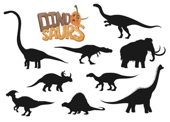 Dinosaur character silhouettes with cartoon dino egg and baby brachiosaurus, vector prehistoric animals. Black silhouettes of mammoth, parasaur, dimetrodon and iguanodon, tarbosaurus and plateosaurus