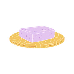 Lavender bar soap on wooden plate, hygiene, spa and herbal cosmetics product. Vector aromatic herbal soap, washing , shower and aromatherapy bathroom soap