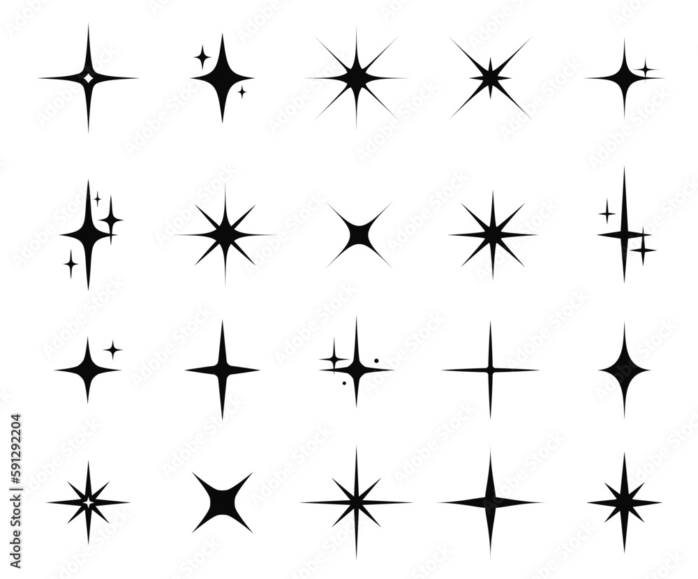 Wall mural star sparkle and twinkle. star burst, flash stars. isolated vector starburst icons, black silhouette