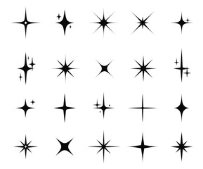 Star sparkle and twinkle. Star burst, flash stars. Isolated vector starburst icons, black silhouettes, shining lights and sparks of bright glowing rays and flare effect. Magic glint, shiny glitter - 591292204