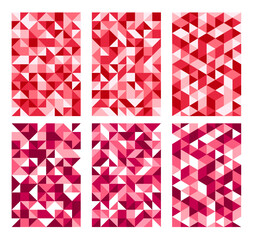 Abstract polygonal geometric pattern background. Pink, burgundy, red and white colored vector mosaic triangular shapes and angles. Modern, edgy vibe, contemporary ornament, creative design samples