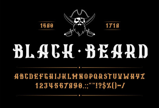 Medieval pirate corsair font, type or typeface. Western alphabet with bold and angular signs in style of adventure and danger with touch of swashbuckling flair. Vector fantasy abc letters and digits