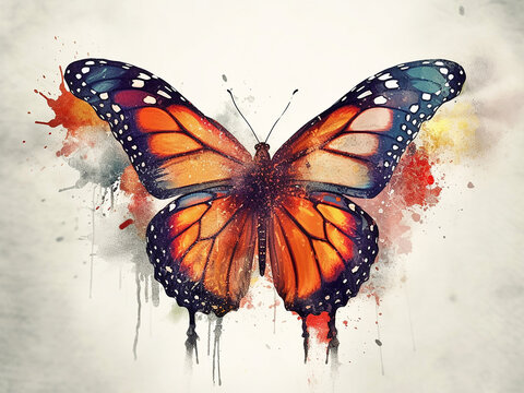 Drawn colorful butterfly on a light background. Generative AI