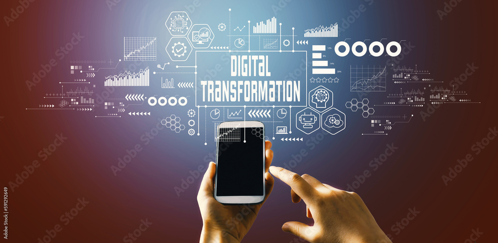 Aufkleber digital transformation and technological revolution concept with hand pressing a button on a technol